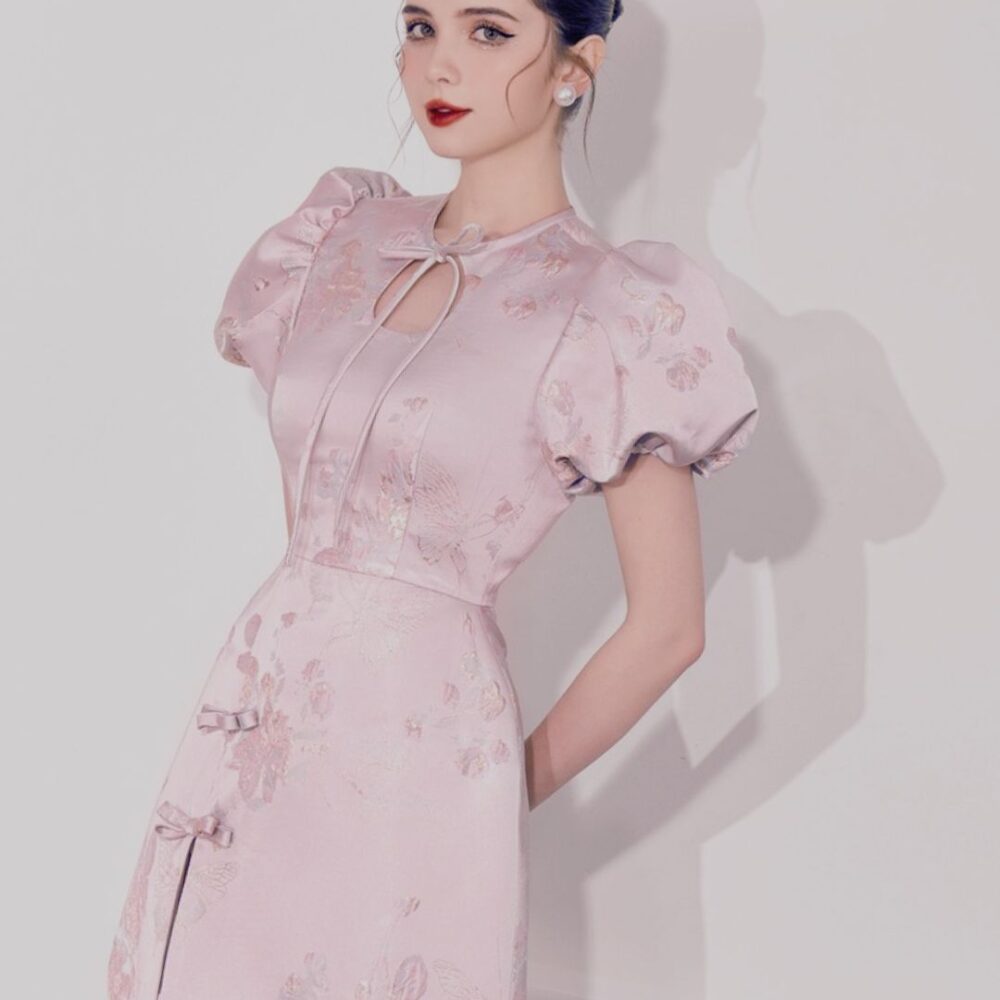 Blush Pink Puff-Sleeve Mini Dress “Delicate Bloom” DB402