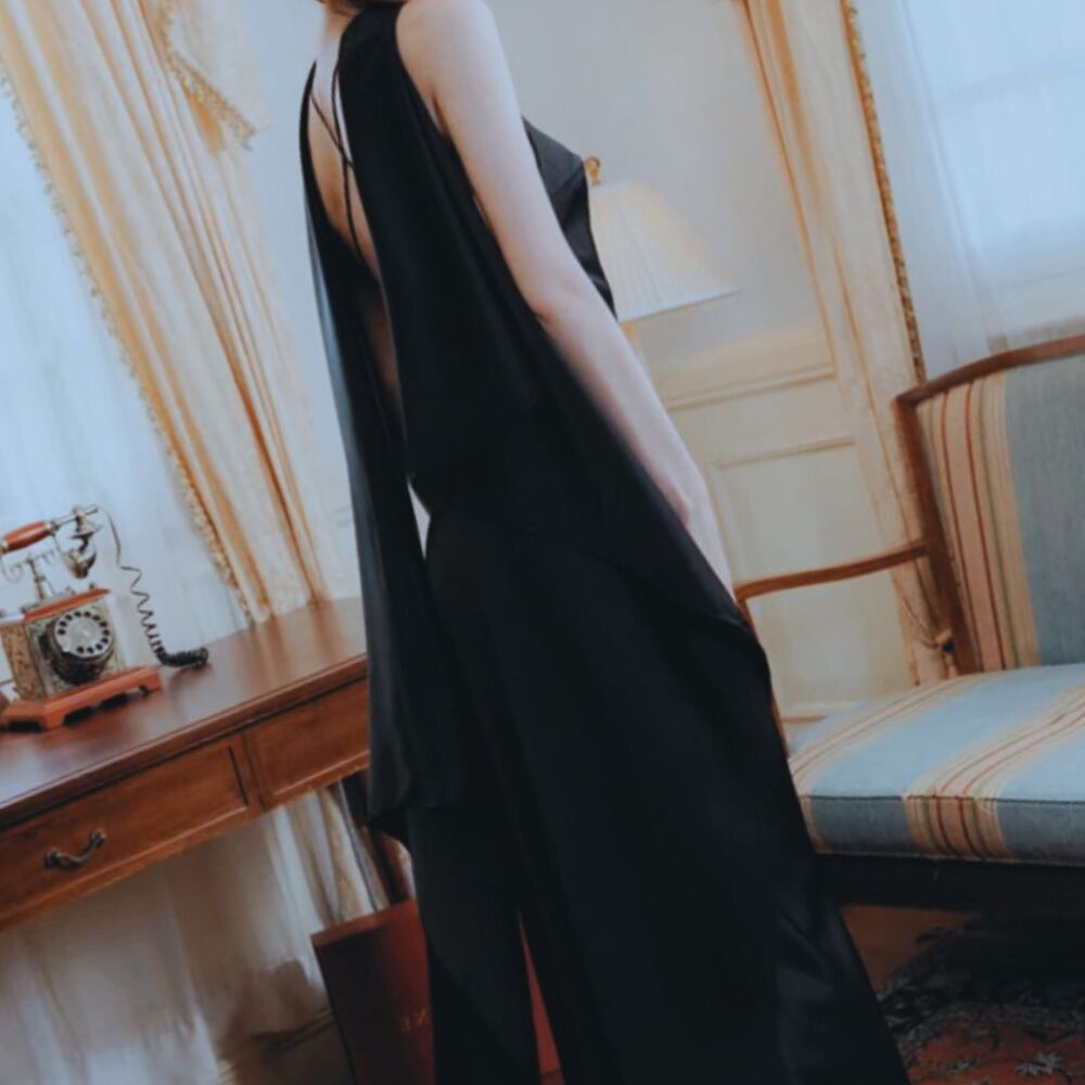 Elegant Black Satin Draped Gown "Midnight Veil" DR220