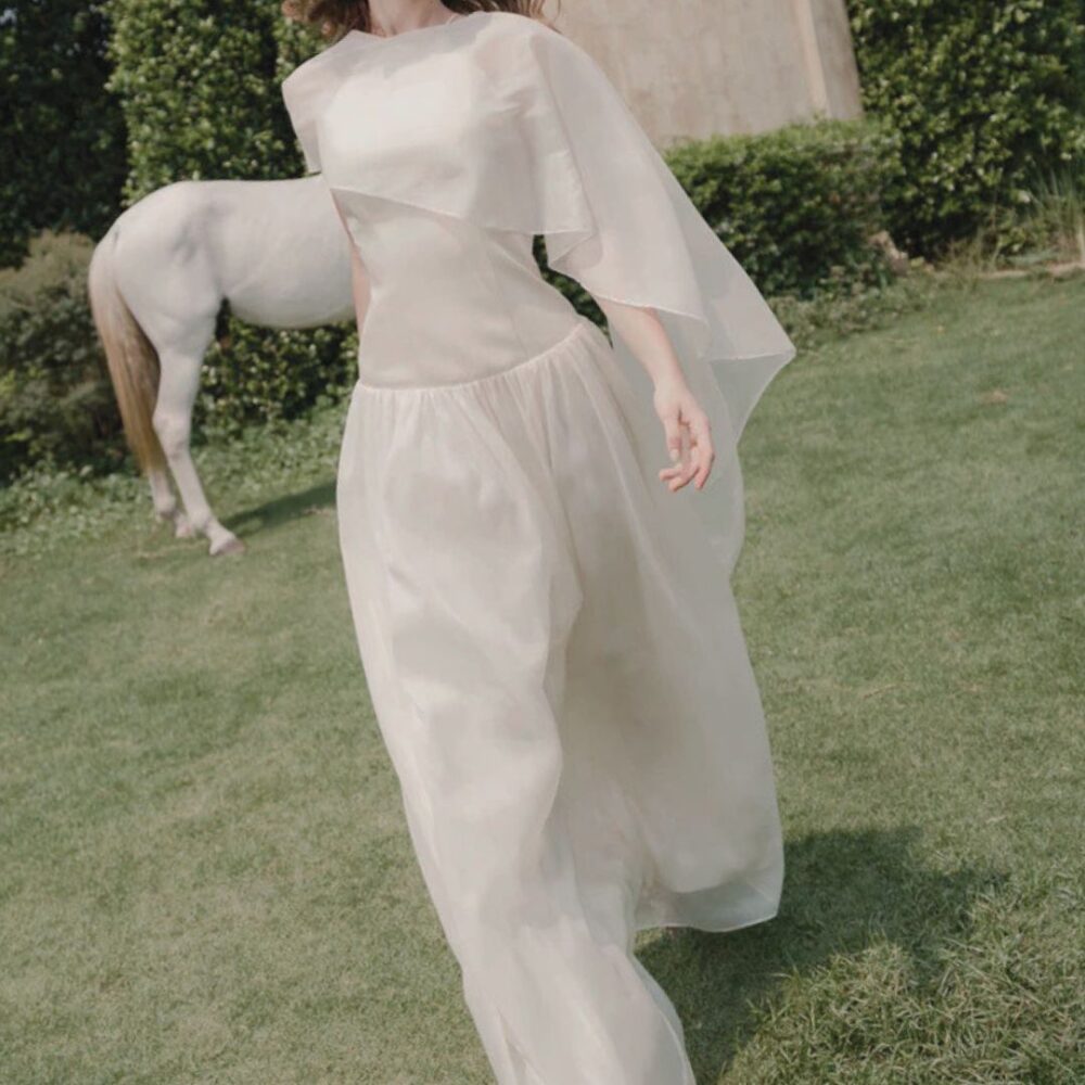 Ivory Organza Draped Evening Gown "Whisper Breeze" DR342